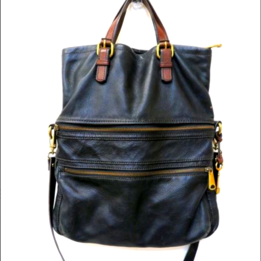 Fossil Explorer Genuine Leather Tote Y2K Key Fob Purse Charm Bag Long Strap
